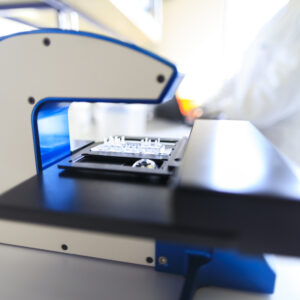 Closeup of the HoloMonitor live cell imaging microscope on a lab bench.