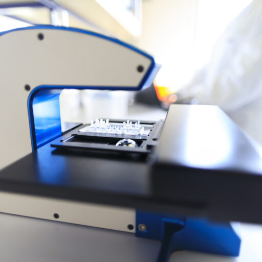 Closeup of the HoloMonitor live cell imaging microscope on a lab bench.