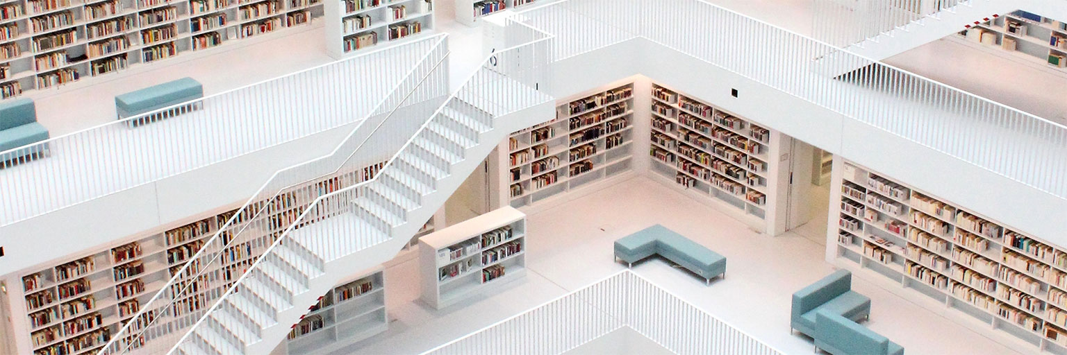 Library Banner Image of a bright library with stairs