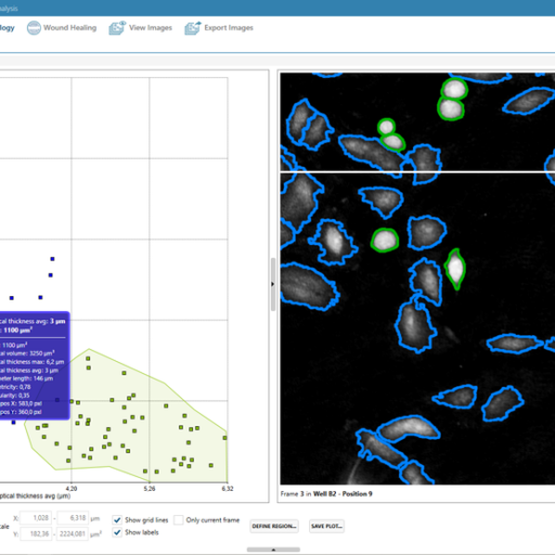 Interactive scatter plot created by HoloMonitor live cell imaging system. In the scatter plot, cells are visualized by hovering over the corresponding data point.